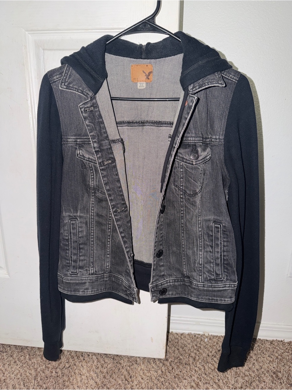 Aeropostale Black & Gray Hooded Jean Jacket